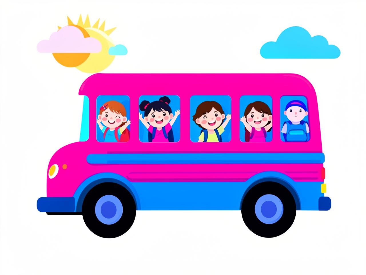 Illustration of a pink and blue school bus with happy children waving